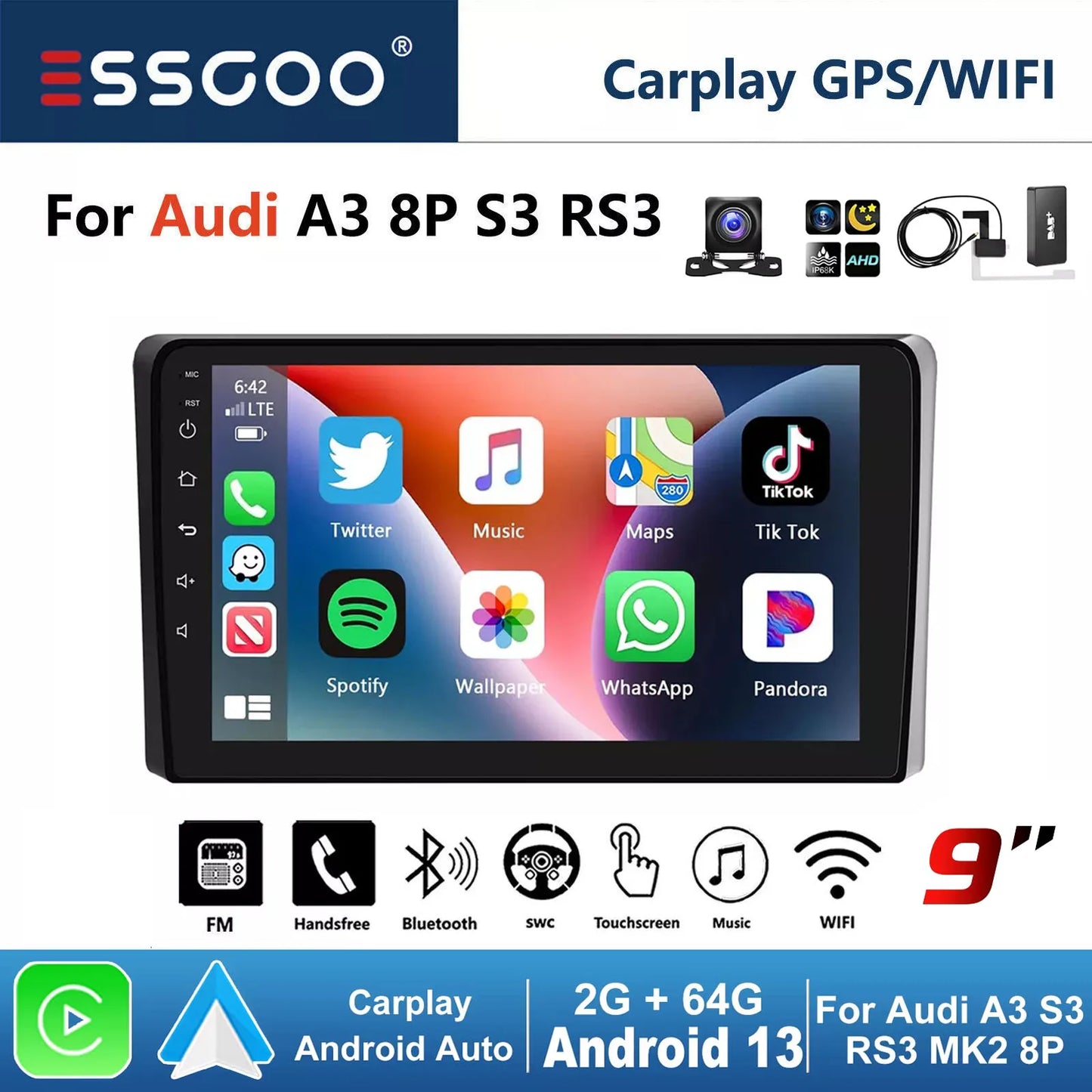 ESSGOO 9" Carplay AndroidAuto Car Stereo Multimedia Player Radio Android 13 GPS SAT Navi Wifi BT FM RDS For Audi A3 8P 2003-2013