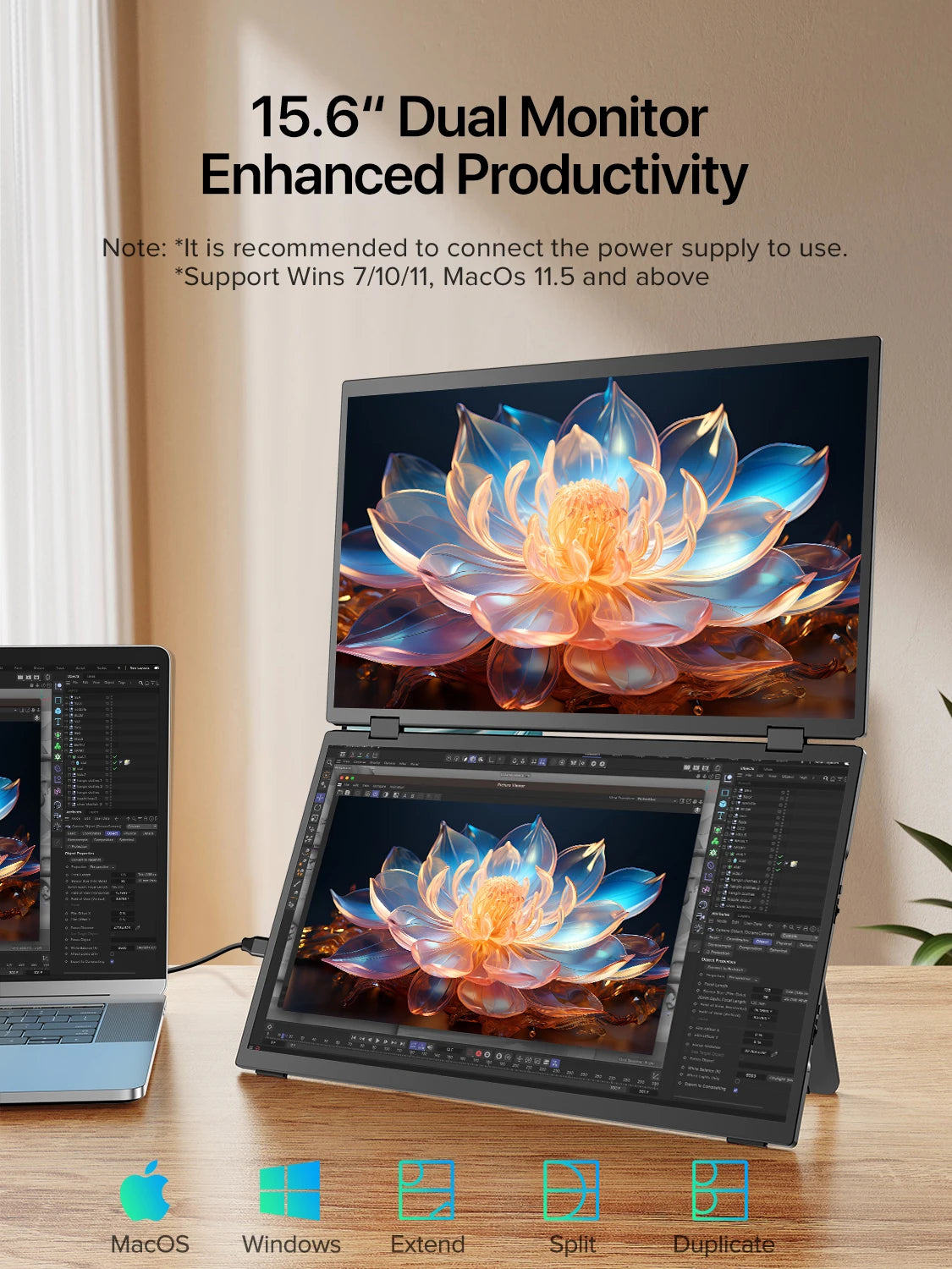 EVICIV 15.6" Dual Portable Monitor for Laptop Screen Extender 1080P HDR 360° Folding Stacked Triple Monitor with Stand for PC