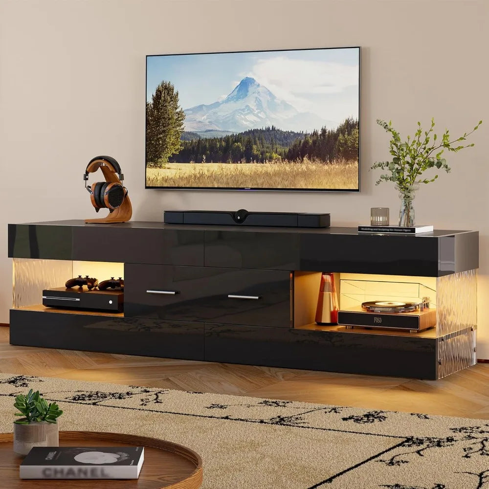 TV Stand for 55/60/65 Inch TV, High Gloss Modern TV Stand with Stone-Patterned Side Panels, LED Entertainment Center