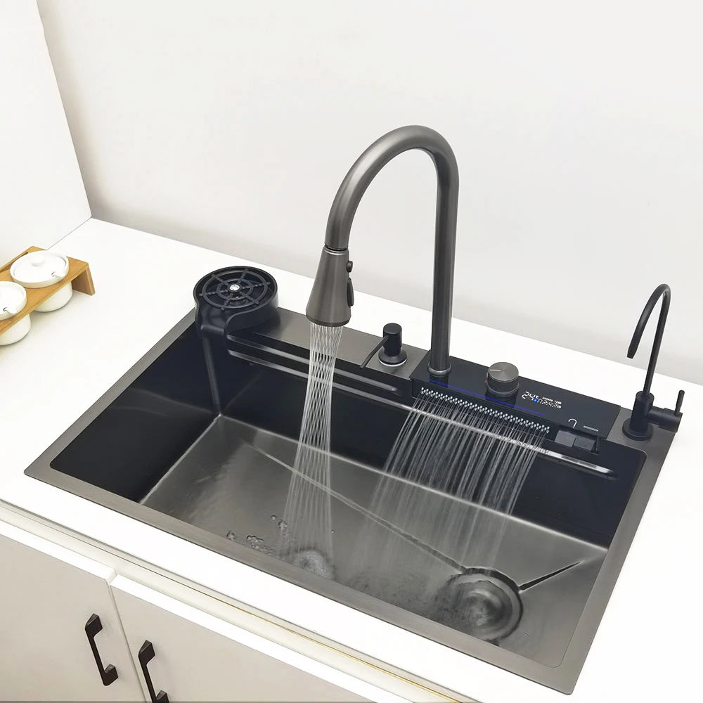 LED Waterfall Kitchen Sink 304 Stainless Steel Sink Large Single basin With Multifunction LED display Waterfall Faucet  gun gray