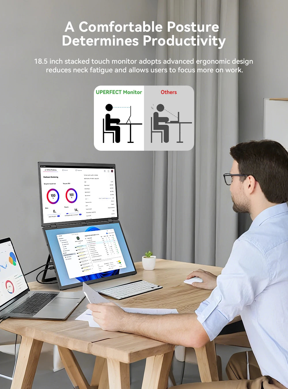 UPERFECT Triple Screen 15.6"/18.5“ Portable Foldable Monitor Dual Screen with Stand Extender 1080P FHD IPS for Laptop Windows