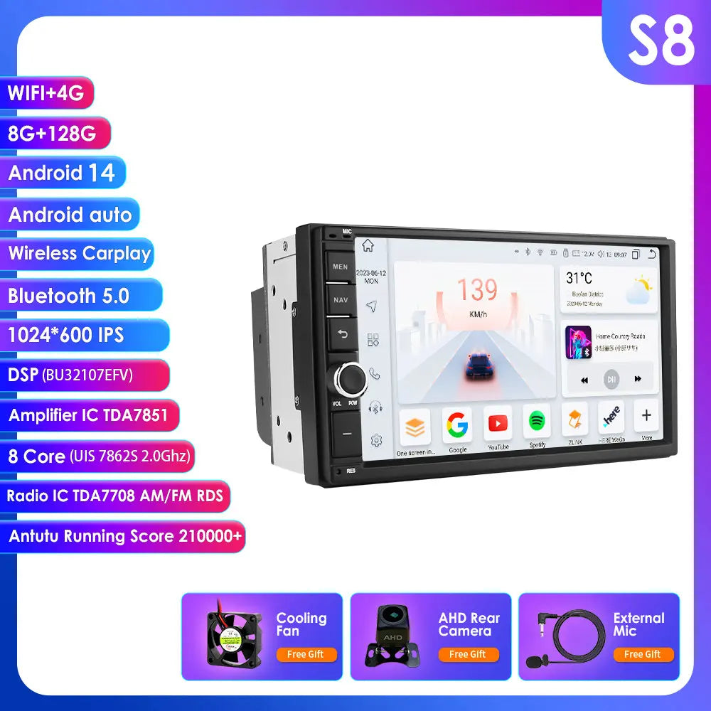 Latest Android 14 Octa Core 4G RAM 64G ROM DSP Universal Double 2 Din Car Radio Multimedia Player GPS Navigator Autoradio RDS FM