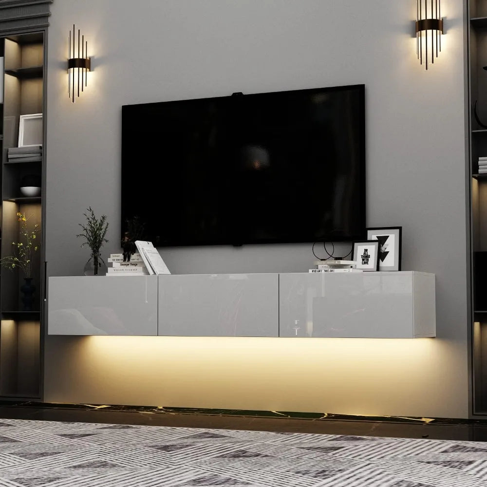 Floating LED TV Stand for TVs up to 70", Wall Mounted Wood Media Console with Glossy Surface & LED Lights, Modern Entertainment