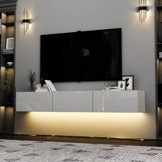 Floating LED TV Stand for TVs up to 70", Wall Mounted Wood Media Console with Glossy Surface & LED Lights, Modern Entertainment