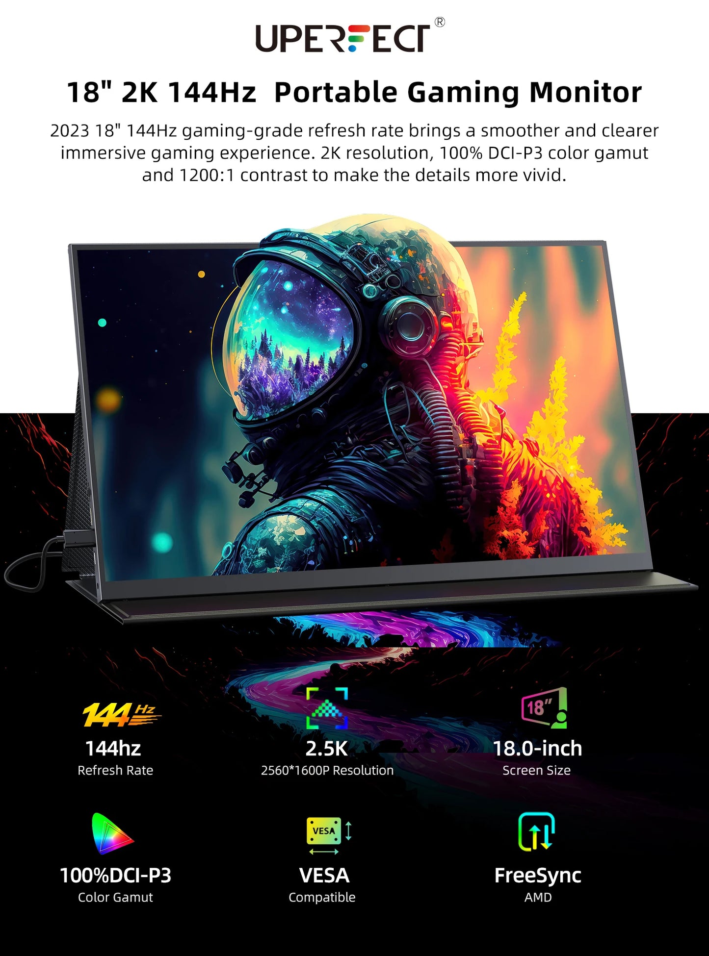 UPERFECT UGame 18 2K 144Hz Gaming Monitor 2560x1600 QHD 100% DCI-P3 Portable HDMI USB C Display For Laptop PC Mac Phone XBOX PS5