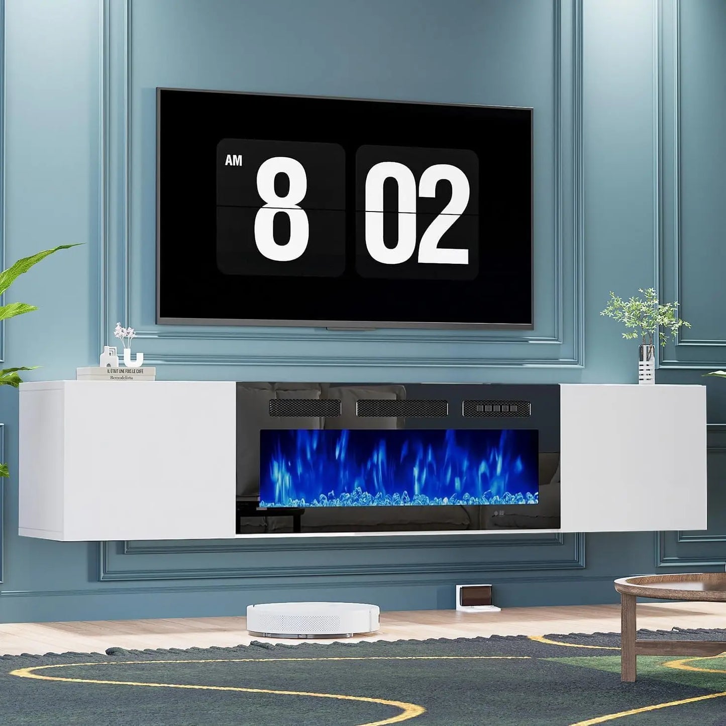 70'' Floating TV Stand with 36"Electric Fireplace, Entertainment Center Wall Mounted,Modern Wood Media TV Console with Fireplace