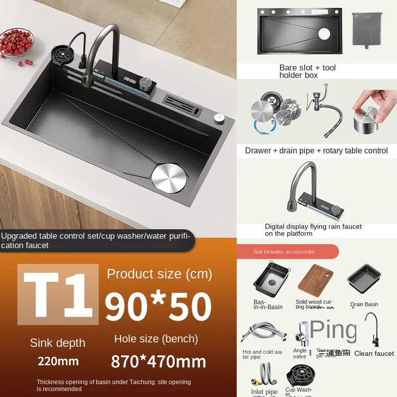 2025 Tiktok Newest Design 30 Inch Waterfall Faucet Black Bionic Honeycomb 304 Stainless Steel Big Single Bowl Kitchen Sink