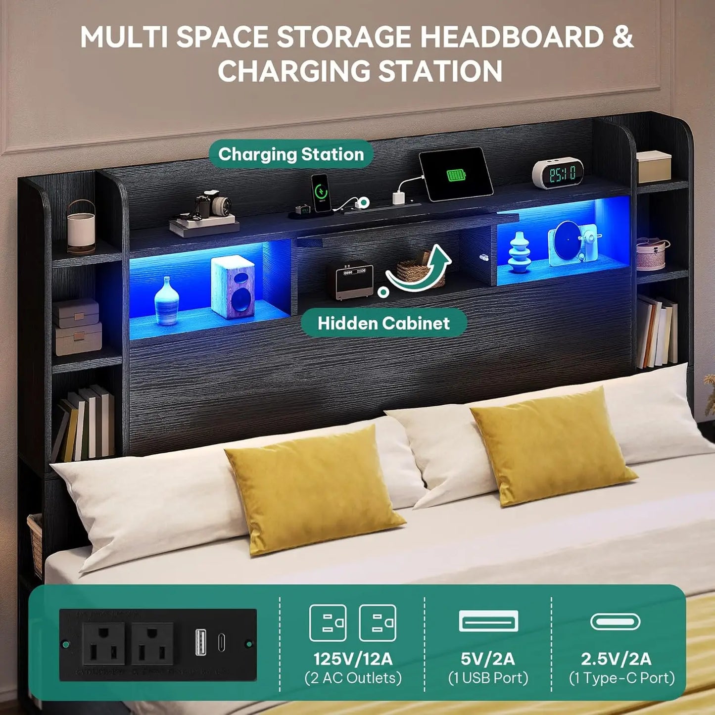 Queen Bed Frame Bookcase Headboard, 4 Drawers, RGB LED, Type-C & USB, No Box Spring, Noise Free, Black