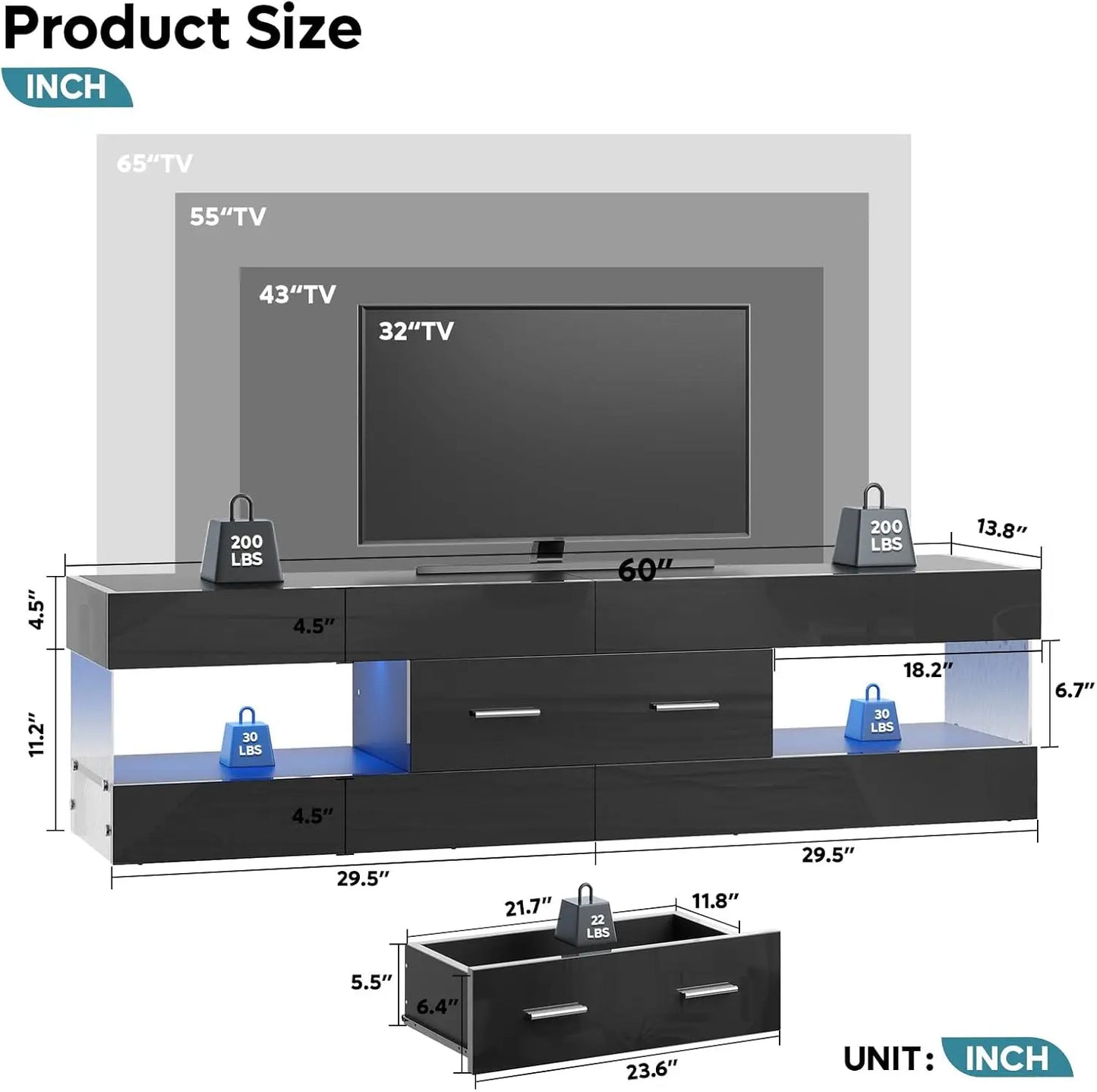 Black TV Stand for 55/60/65 Inch TV, High Gloss Modern TV Stand with Stone-Patterned Side Panels, LED Entertainment