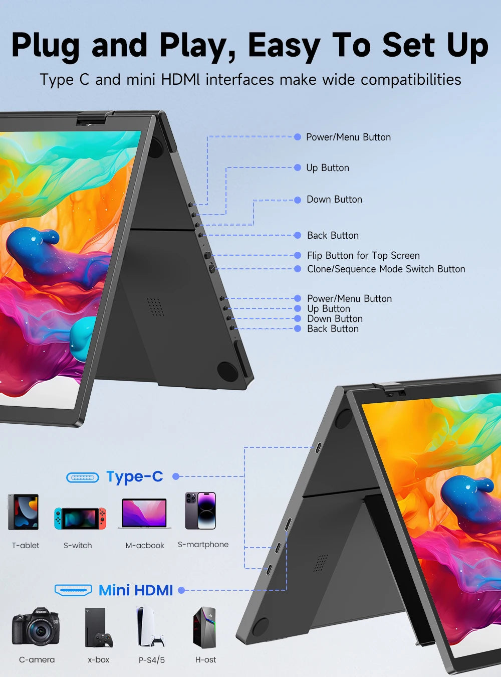 EVICIV 15.6" Dual Portable Monitor for Laptop Screen Extender 1080P HDR 360° Folding Stacked Triple Monitor with Stand for PC
