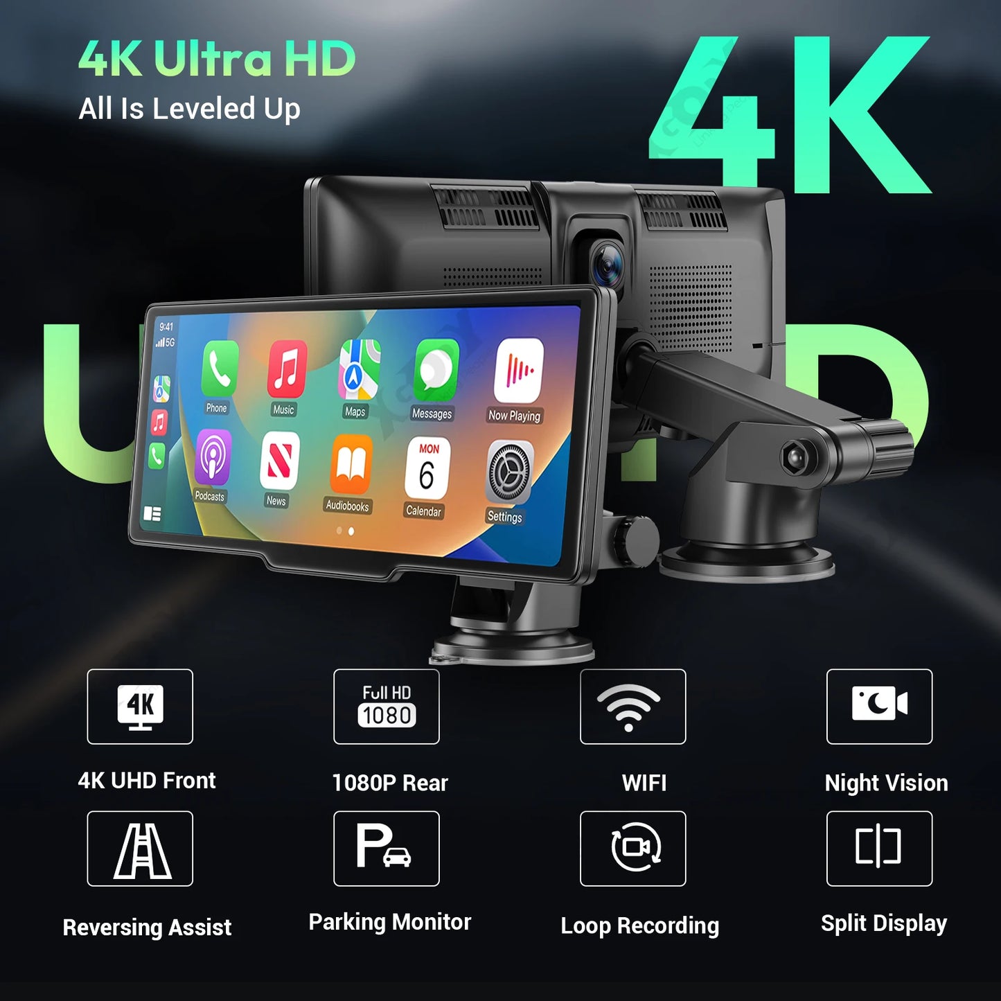 4K 1080P  10.26" Wireless Apple CarPlay Android Auto Touchscreen Car DVR Dashcam Dual Lens Video Recorder Mirror Link WIFI BT FM