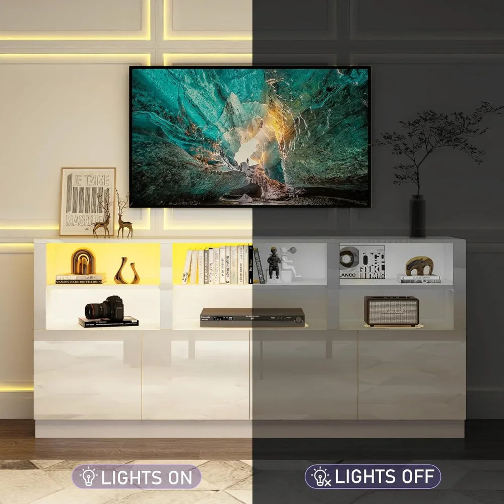 32'' Tall White TV Stand for 65/75/80/85 Inch TVs with RGB LED Lights,Modern High Gloss Entertainment Center Cabinet Stands with