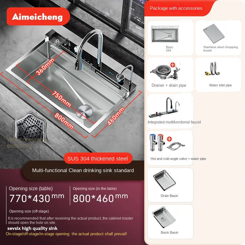 2025 Tiktok Newest Design 30 Inch Waterfall Faucet Black Bionic Honeycomb 304 Stainless Steel Big Single Bowl Kitchen Sink