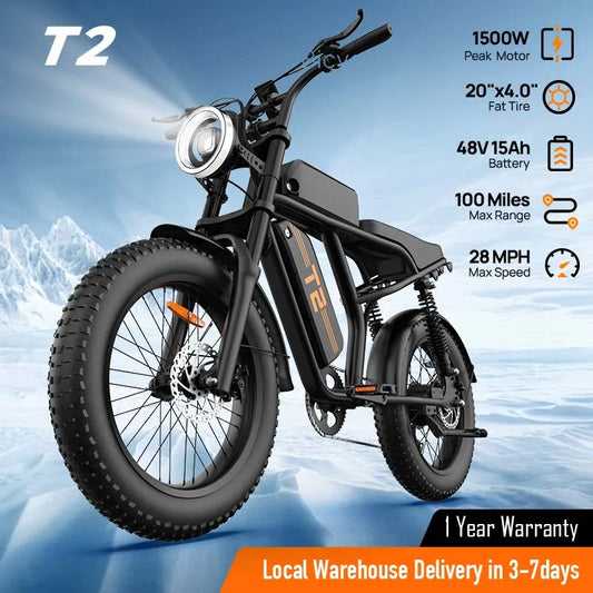 1500W Electric Mountain Bike with 48V 15.6Ah Removable Battery, 28MPH 100 Mile Range, 20" X 4" fat Tire E-bike