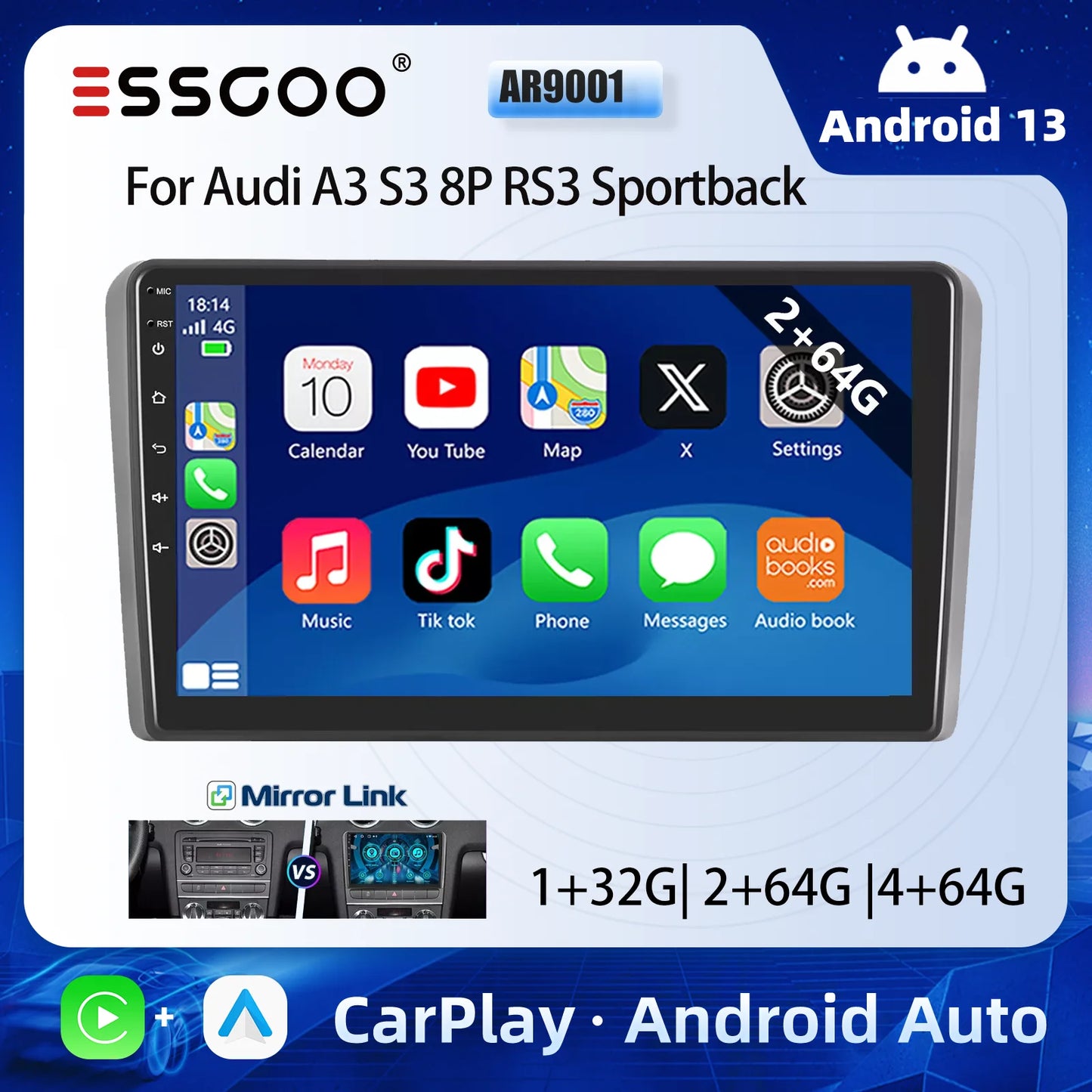 ESSGOO 9" Carplay AndroidAuto Car Stereo Multimedia Player Radio Android 13 GPS SAT Navi Wifi BT FM RDS For Audi A3 8P 2003-2013
