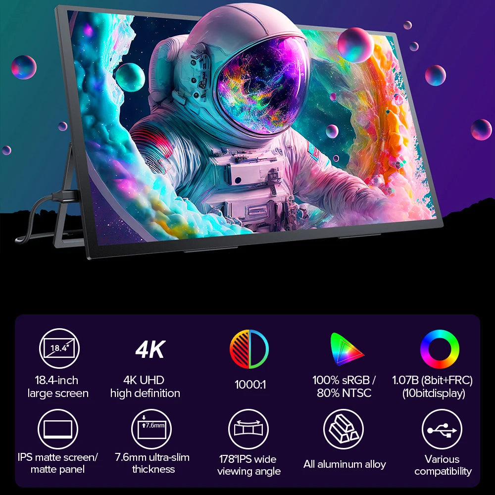 UPERFECT 18.4 Inch 4K UHD Portable Gaming Monitor HDR 3MS FreeSync IPS HDR Computer Display Bulit in Dual Speakers VESA OSD Menu