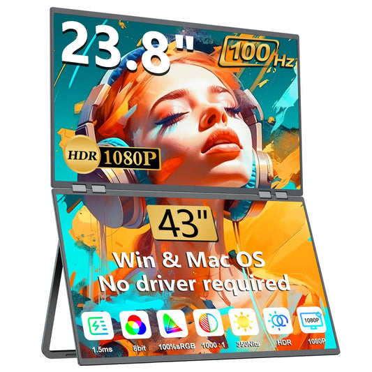 UPERFECT 23.8" FHD 100Hz 100% sRGB Dual HDR Monitor Adjustable Stand Extendrer For Windows Mac w/HDMI Type-C Work Gaming Office