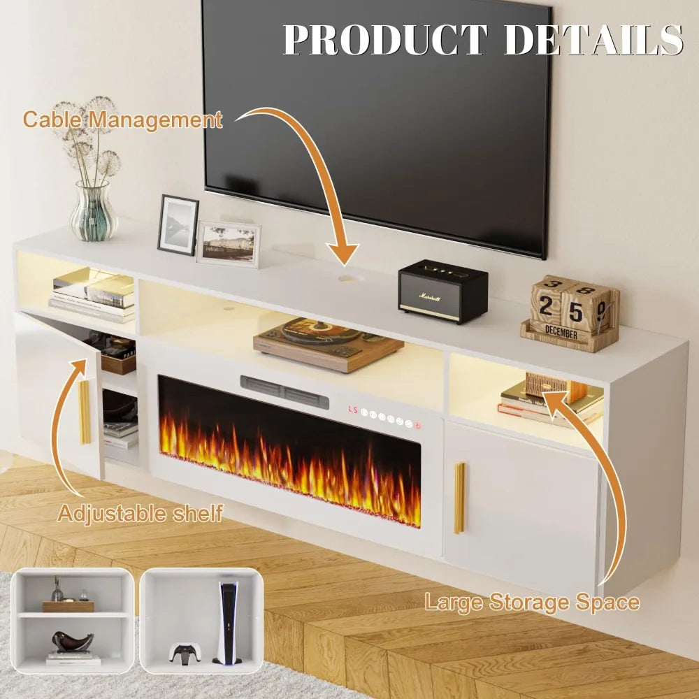 70" Floating TV Stand with 36" Electric Fireplace, High Gloss Finish Wall Mounted Electric Fireplace TV Stand with Storag