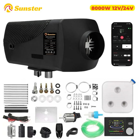 Sunster 12V 24V 8KW Diesel Air Heater Parking Heater Low noise Night Heater with LCD&Bluetooth APP Control For RV Car Truck Home