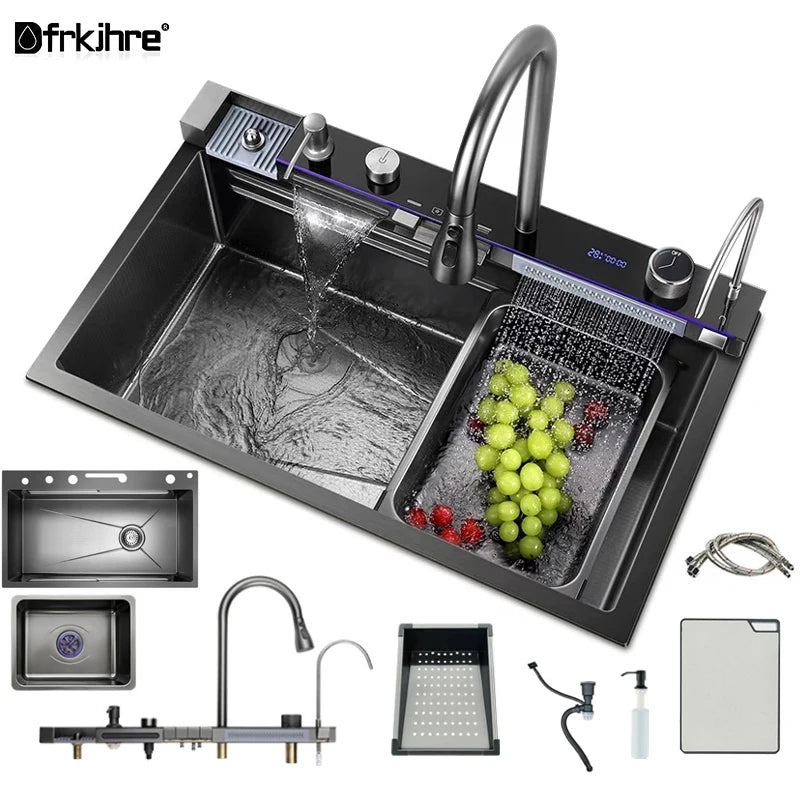 304 Stainless Steel Waterfall Kitchen Sink Large Single Slot Integrated Digital Display Faucet Set Soap Dispenser Cup Washer