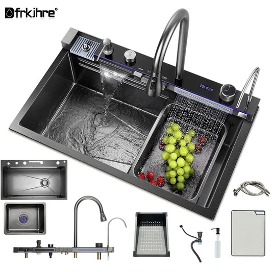 304 Stainless Steel Waterfall Kitchen Sink Large Single Slot Integrated Digital Display Faucet Set Soap Dispenser Cup Washer