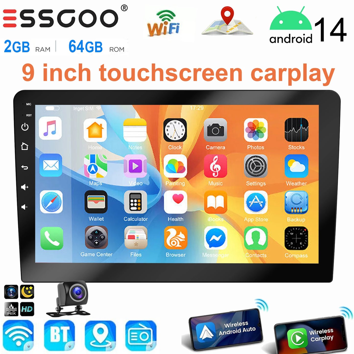 ESSGOO 9 Inch touchscreen 2 DIN Car stereo radio Android 14 Wireless Carplay Android auto play  GPS Navi WiFi FM RDS SWC BT USB