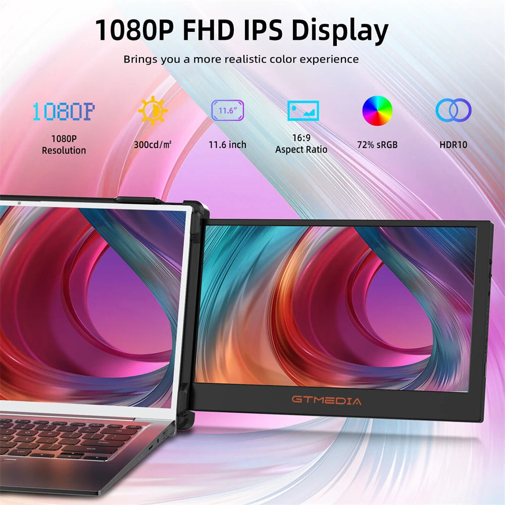 GTMEDIA 11.6in Portable Monitor Laptop Dual Screen Display 1920*1080 FHD IPS Extender Screen 1-5 Days Delivery From US Warehouse