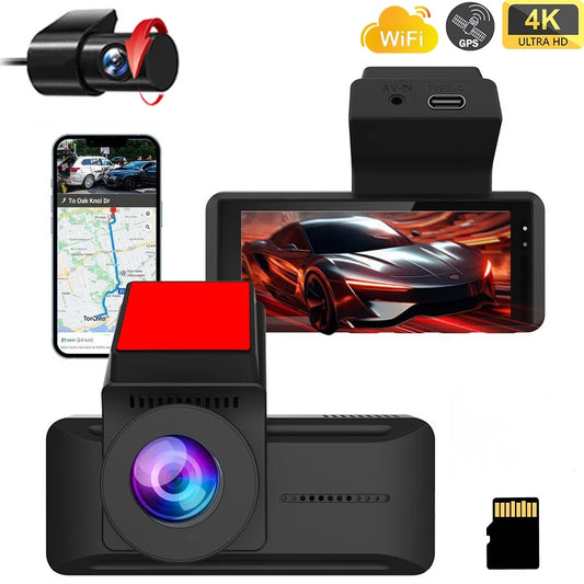QOZ 4K WIFI Dash Cam Front Camera Dual Lens Dashcam Car DVR Video Recorder with GPS Night Vision 24H Parking for Car