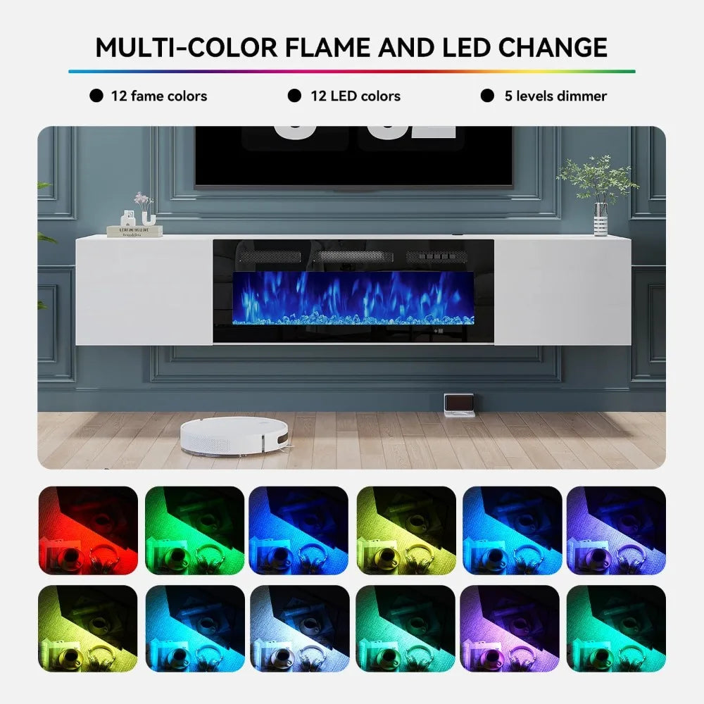 70'' Floating TV Stand with 36"Electric Fireplace, Entertainment Center Wall Mounted,Modern Wood Media TV Console with Fireplace