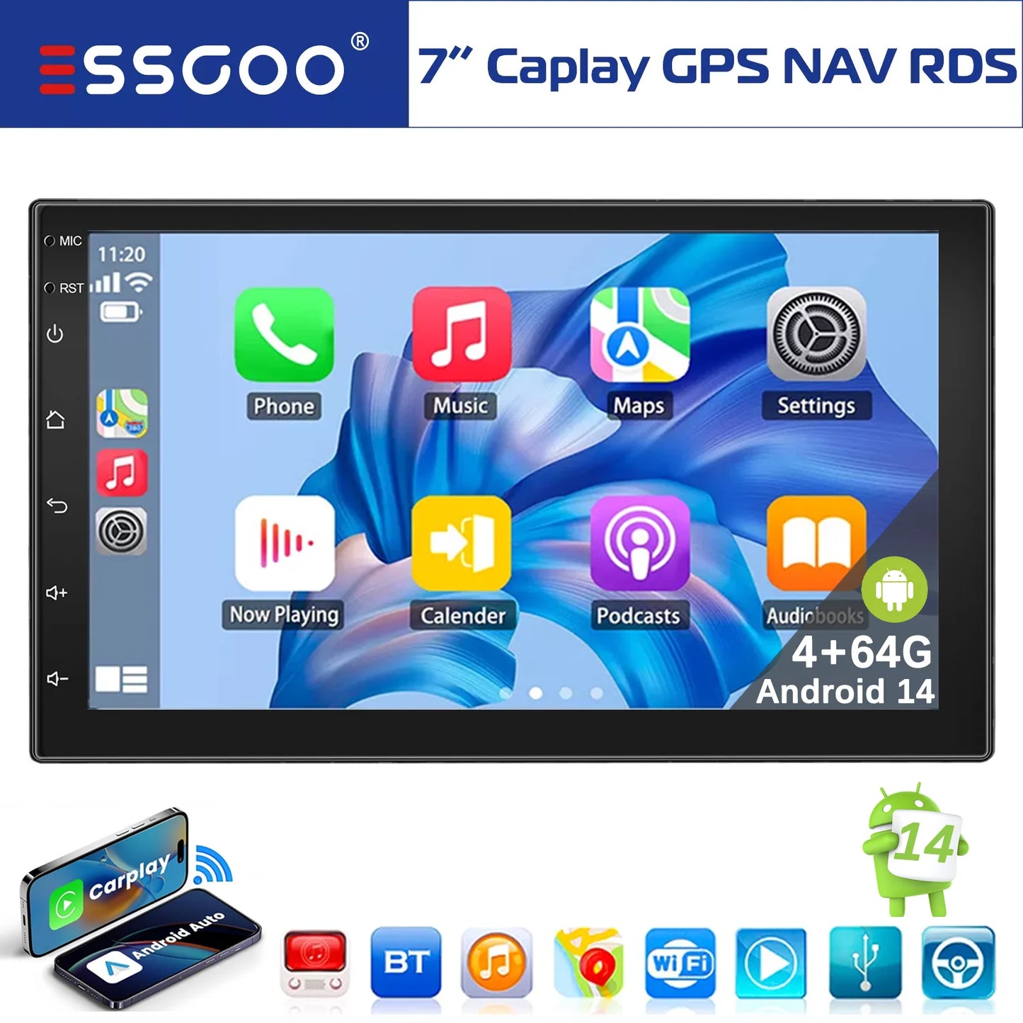 7" Double 2 DIN Android 14 CarPlay Car Stereo Multimedia Video Player GPS Navigation Wifi FM/RDS Bluetooth Multimedia Fit Nissan