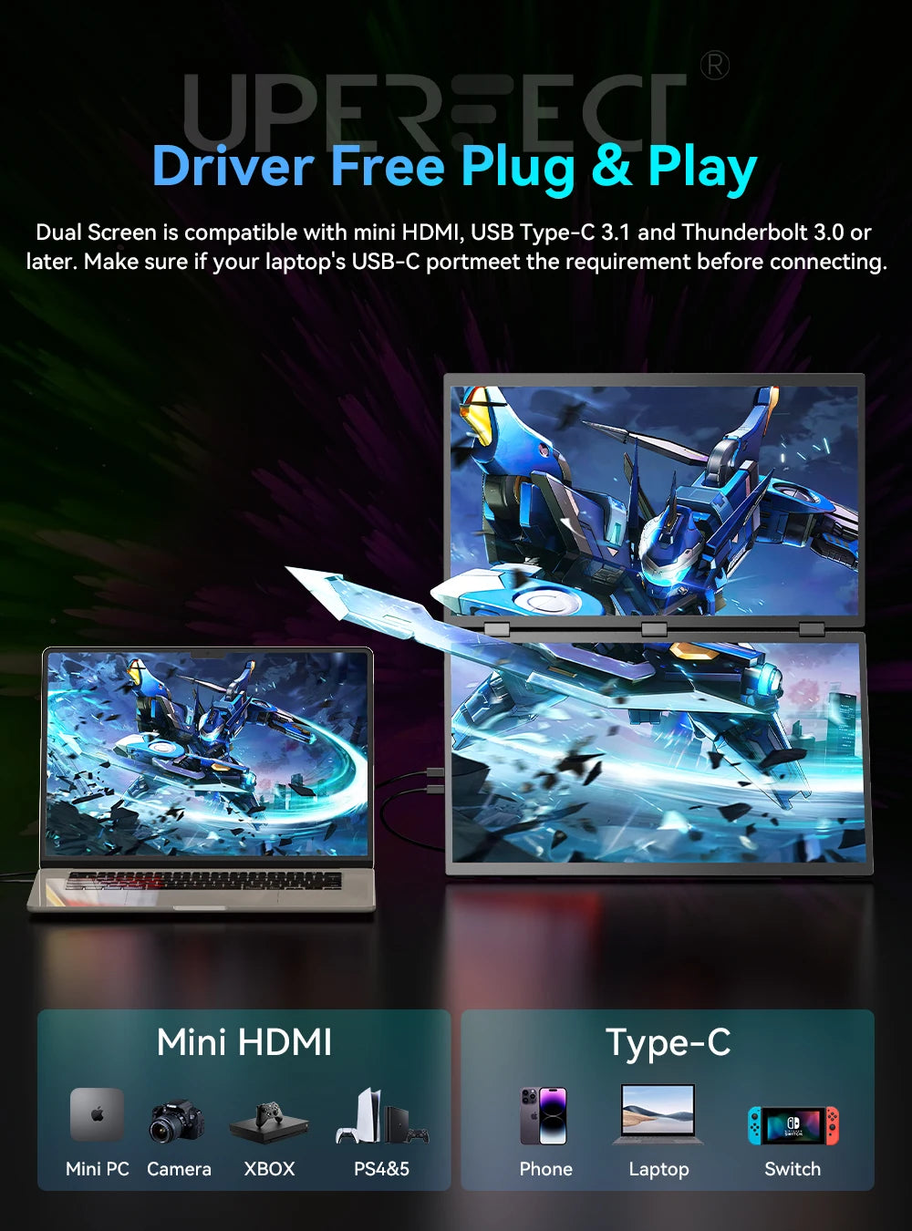 UPERFECT Delta Max Touch 18.5'' 100Hz 1080P Dual Touchscreen Portable Monitor with USB-C HDMI Foldable Laptop PC Gaming Display