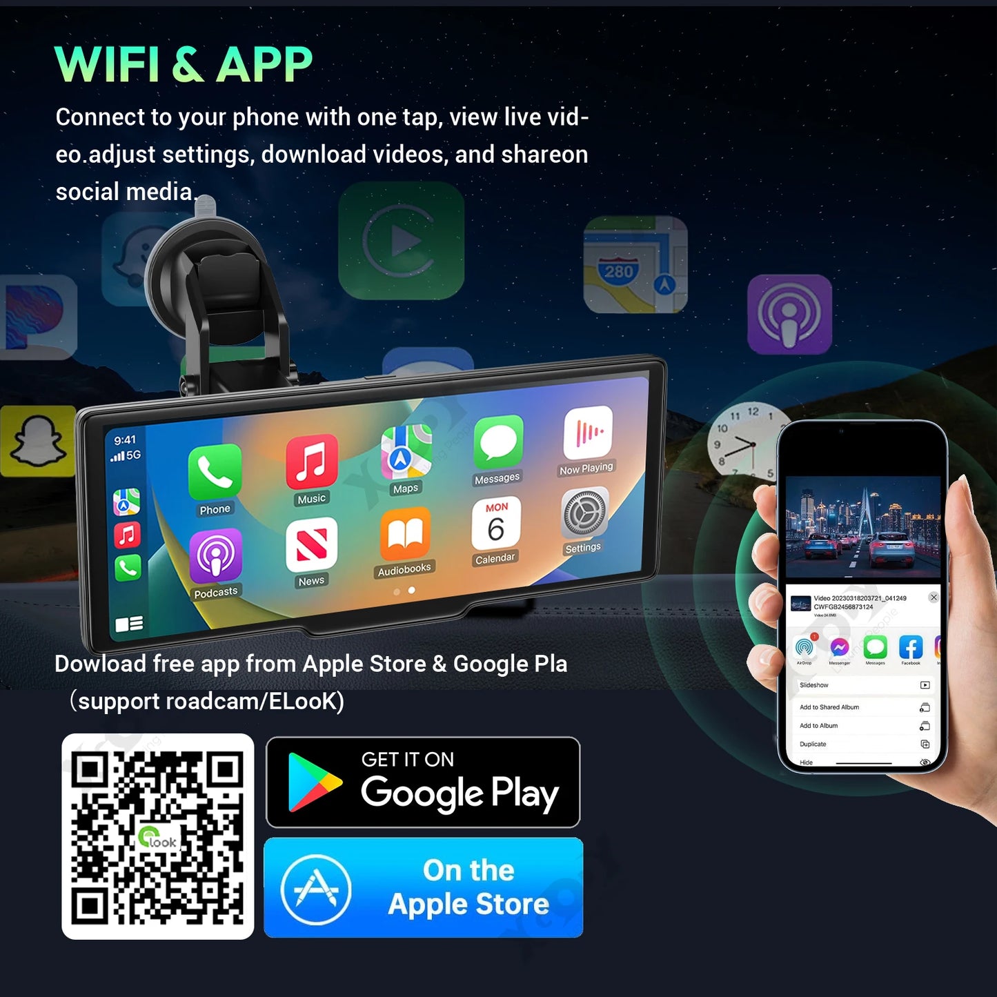 4K 1080P  10.26" Wireless Apple CarPlay Android Auto Touchscreen Car DVR Dashcam Dual Lens Video Recorder Mirror Link WIFI BT FM