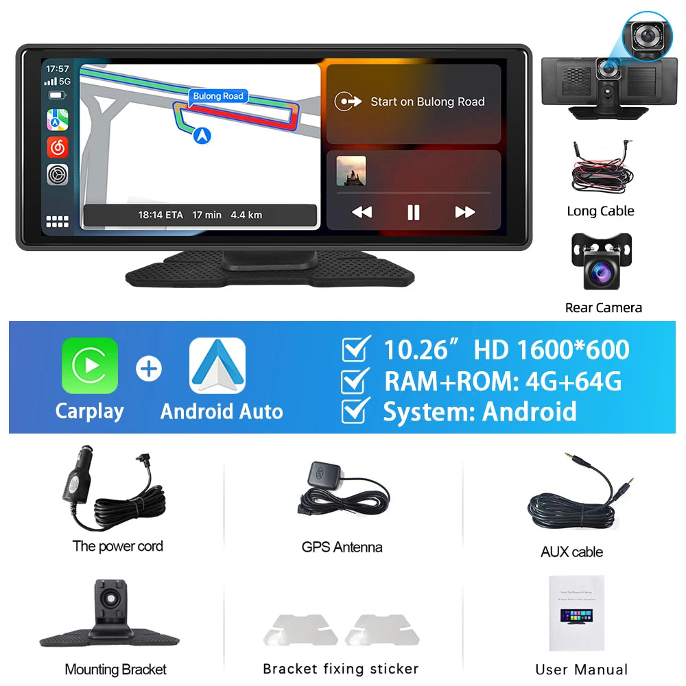 Podofo 4+64G Android 13 Car Monitor Wireless Carplay Android Auto 10.26'' Dashboard Dash Cam GPS WIFI Front Camera Smart Player