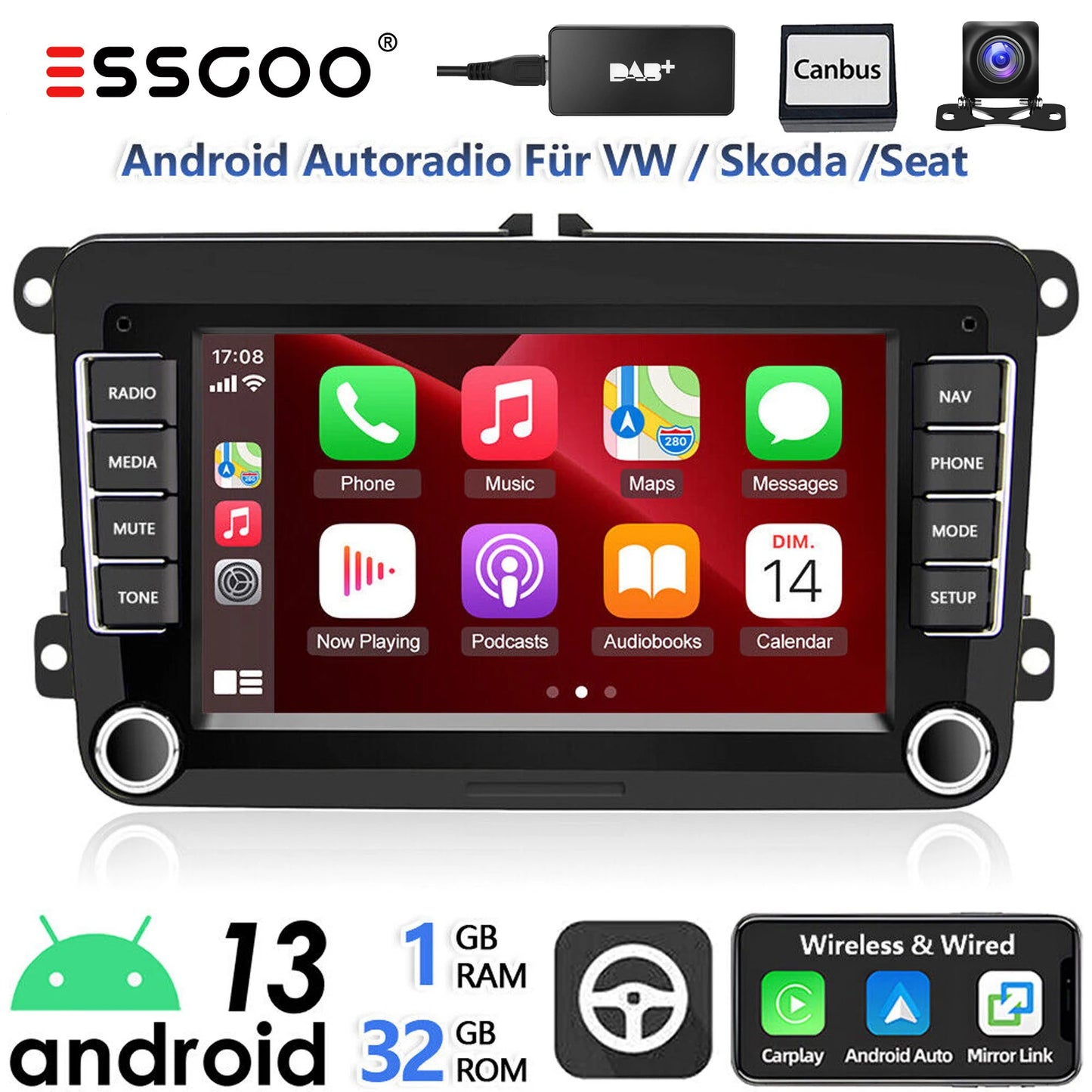ESSGOO 7" Android 14 4G+64G Apple Carplay Car Stereo GPS NAVI WIFI RDS FM BT for VW Golf 5 6 Passat Polo Touran Tiguan Caddy EOS
