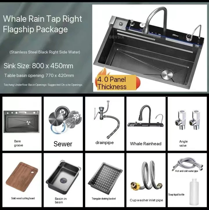 2025 Tiktok Newest Design 30 Inch Waterfall Faucet Black Bionic Honeycomb 304 Stainless Steel Big Single Bowl Kitchen Sink