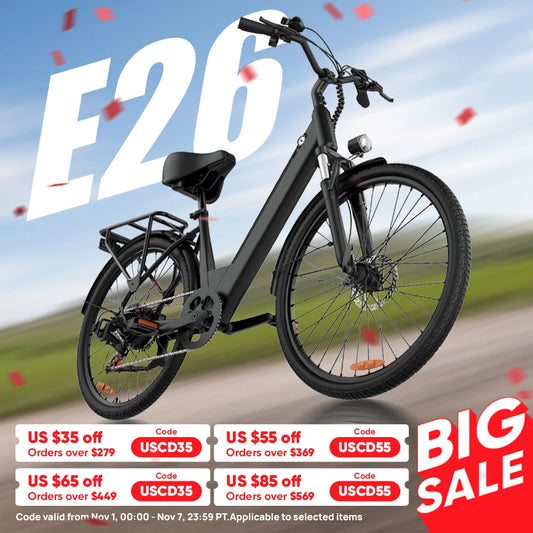 Peak 750W E26 Electric Bike 26x2" Commuter Tires 48V 10.4Ah Removable Battery 20MPH Speed 7-Speeds LCD Display