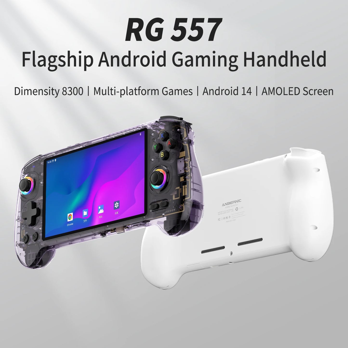 ANBERNIC RG557 Handheld Game Console Dimensity 8300 5.48 inch AMOLED RGB Lighting Retro Video Player Support FOTA WIFI Streaming
