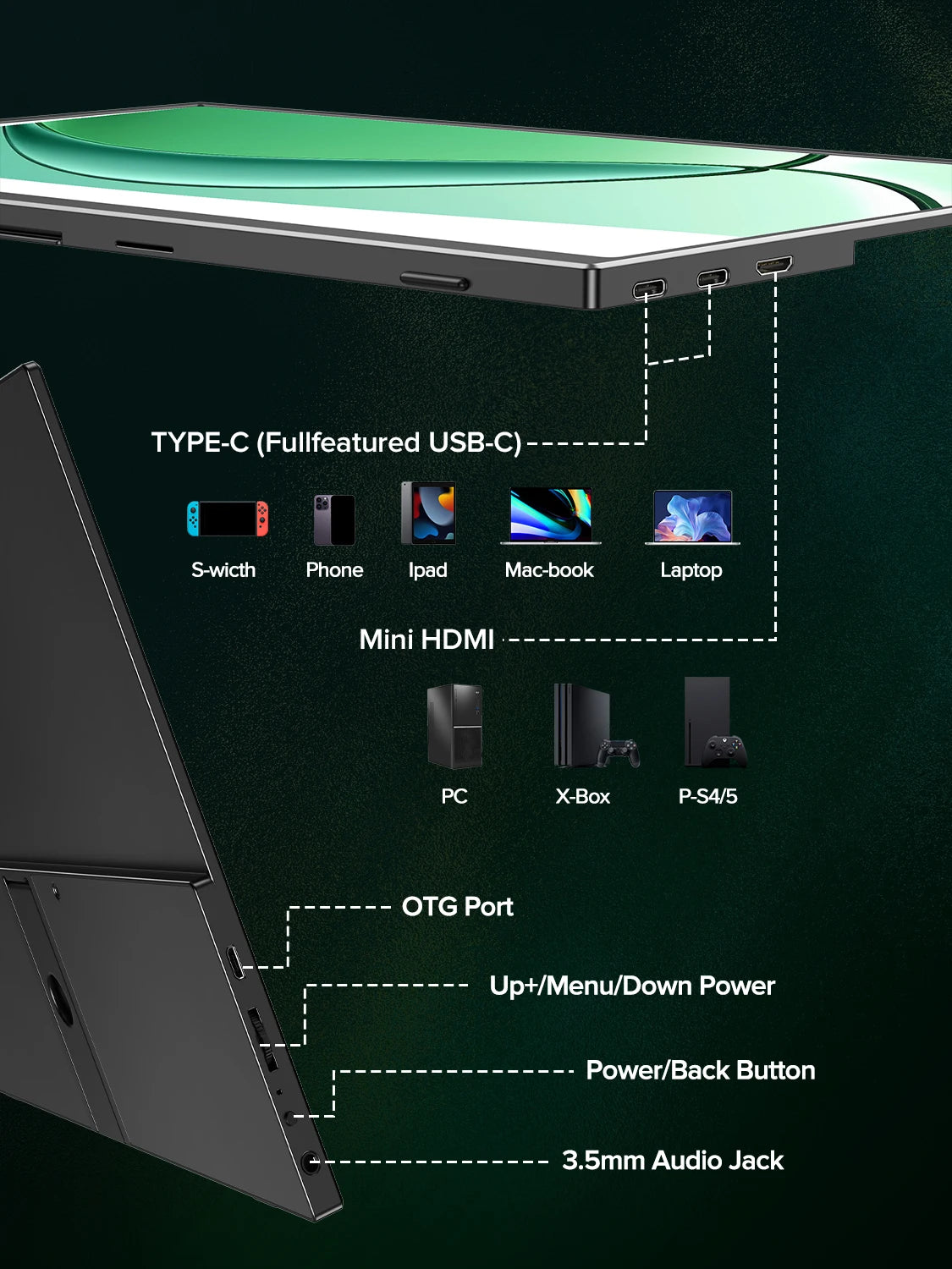 UPERFECT 4K Portable Monitor 13.4" 3840 * 2400 IPS HDMI USB C Computer Gaming Display Extenal Screen For Laptop PC Phone Switch
