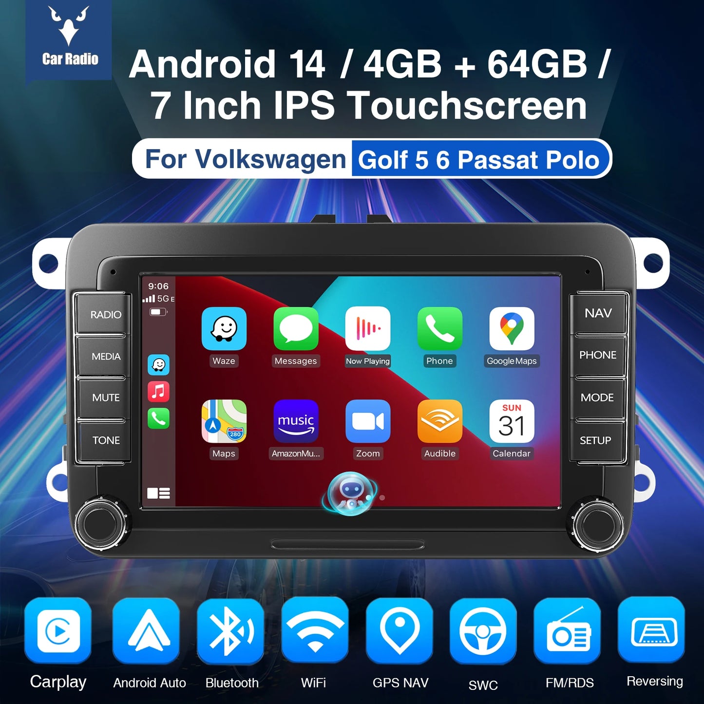 ESSGOO 7" Android 14 4G+64G Apple Carplay Car Stereo GPS NAVI WIFI RDS FM BT for VW Golf 5 6 Passat Polo Touran Tiguan Caddy EOS