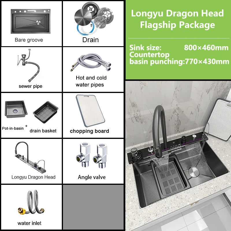 Stainless Steel Waterfall Kitchen Sink Large Single Slot With Digital Display Faucet Apartment Multifunctional Wash Basin