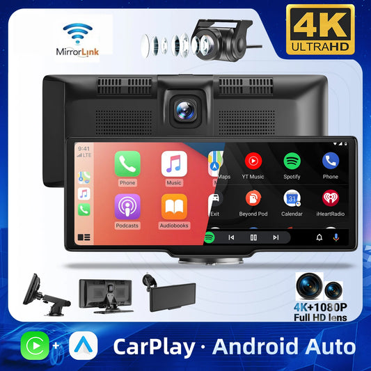 4K 1080P  10.26" Wireless Apple CarPlay Android Auto Touchscreen Car DVR Dashcam Dual Lens Video Recorder Mirror Link WIFI BT FM
