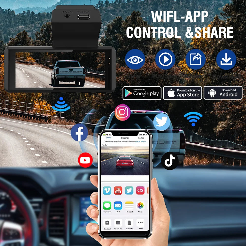 QOZ 4K WIFI Dash Cam Front Camera Dual Lens Dashcam Car DVR Video Recorder with GPS Night Vision 24H Parking for Car