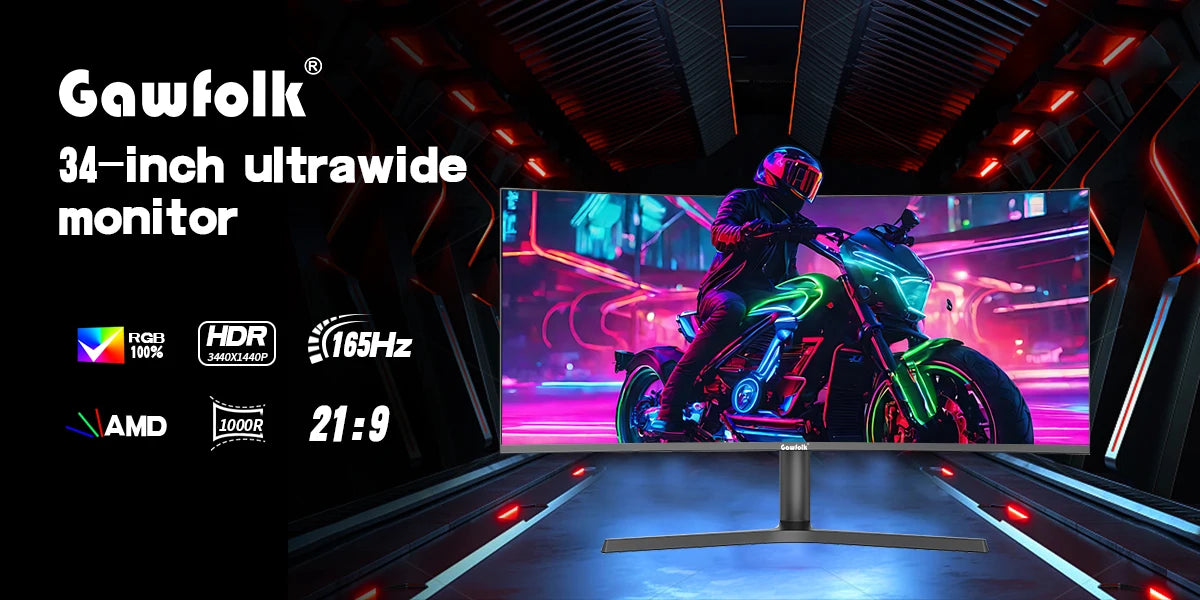 Gawfolk Monitor 34'' 144Hz Bandfish Screen Curved 1500R Gaming Bezel-less Slim 400HDR Nits 100% SRGB Wide Color Gamut FAsT VA Te