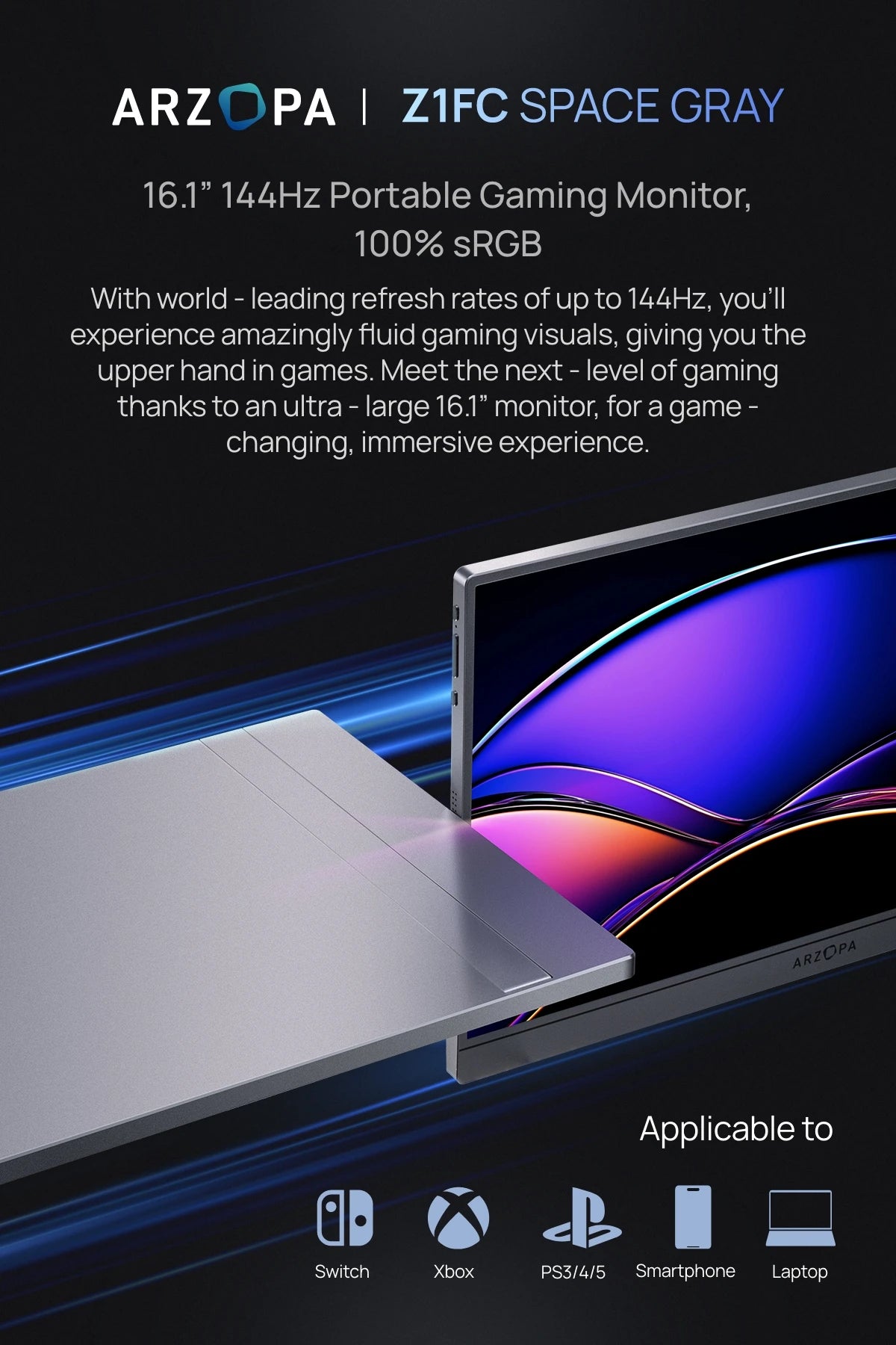 [New] ARZOPA 16.1'' 144Hz Portable Monitor,106% sRGB,1080P,with storage Bag,External Second Screen,Z1FC-Grey