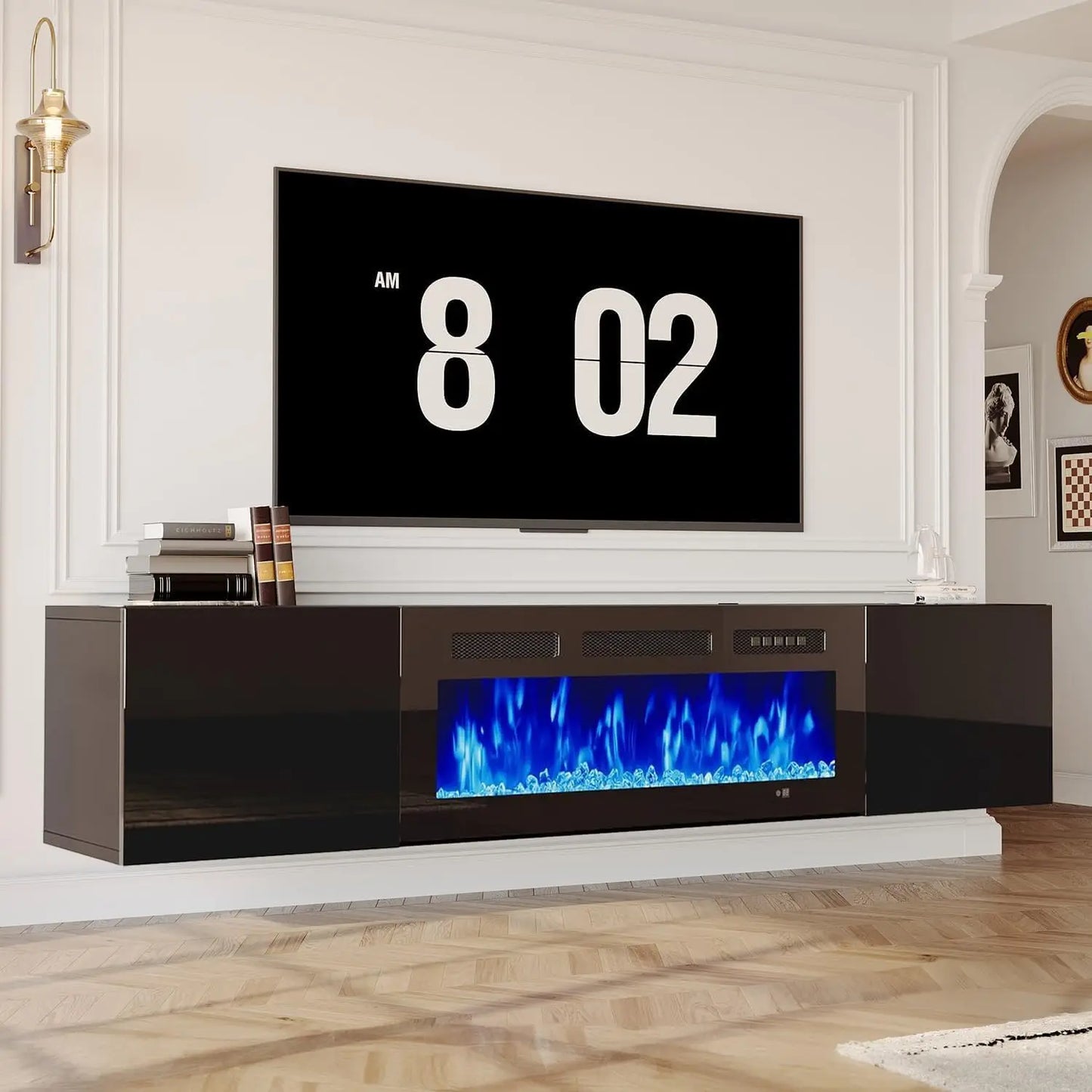 70'' Floating TV Stand with 36"Electric Fireplace, Entertainment Center Wall Mounted,Modern Wood Media TV Console with Fireplace