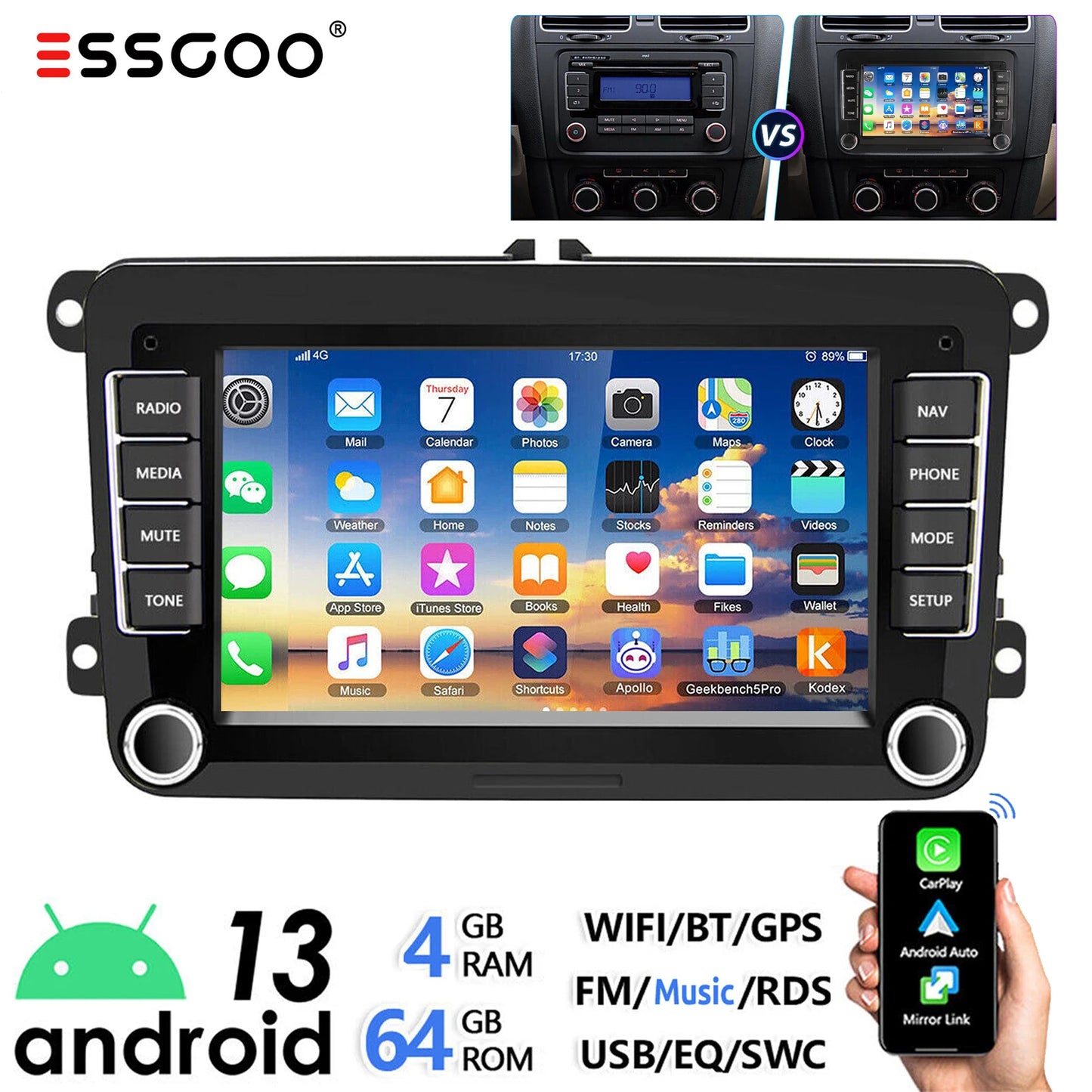 ESSGOO 7" Android 14 4G+64G Apple Carplay Car Stereo GPS NAVI WIFI RDS FM BT for VW Golf 5 6 Passat Polo Touran Tiguan Caddy EOS