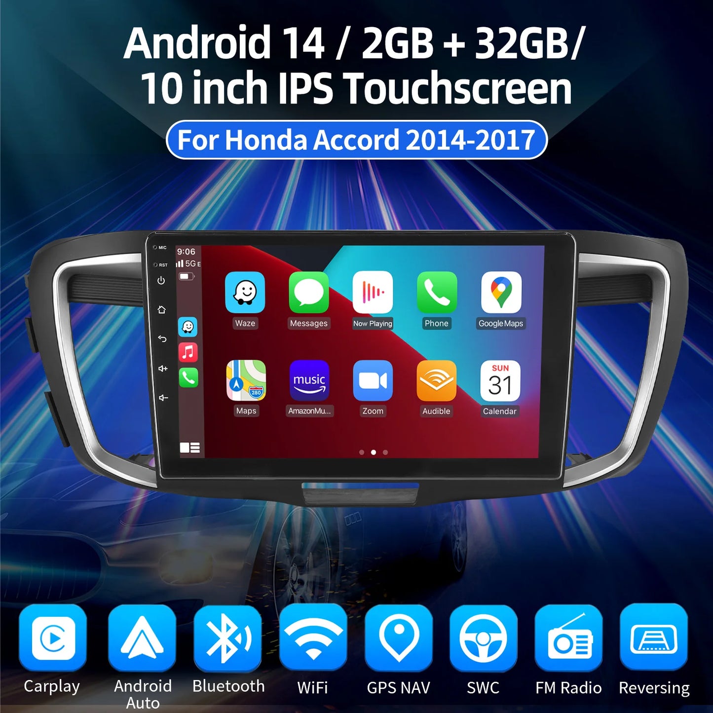 2+32G Apple Carplay For Honda Accord 2014-2017 Android 14 10" Car Stereo GPS Navigation Bluetooth FM/RDS Radio IPS Touch Screen