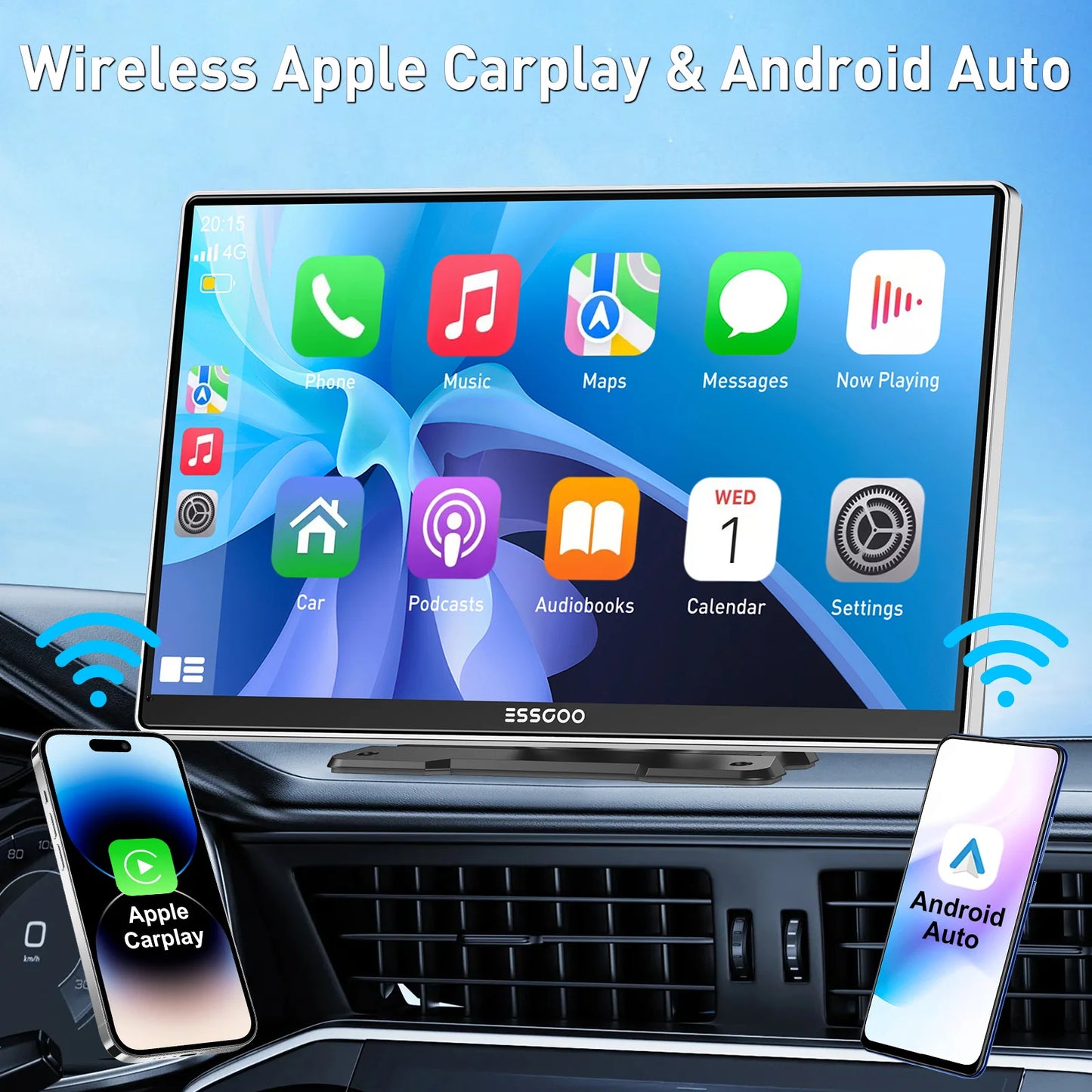 ESSGOO 9 Inch Touch Screen Portable Car Stereo Radio Wireless Apple Carplay Android Auto USB TF Bluetooth Mirror Link