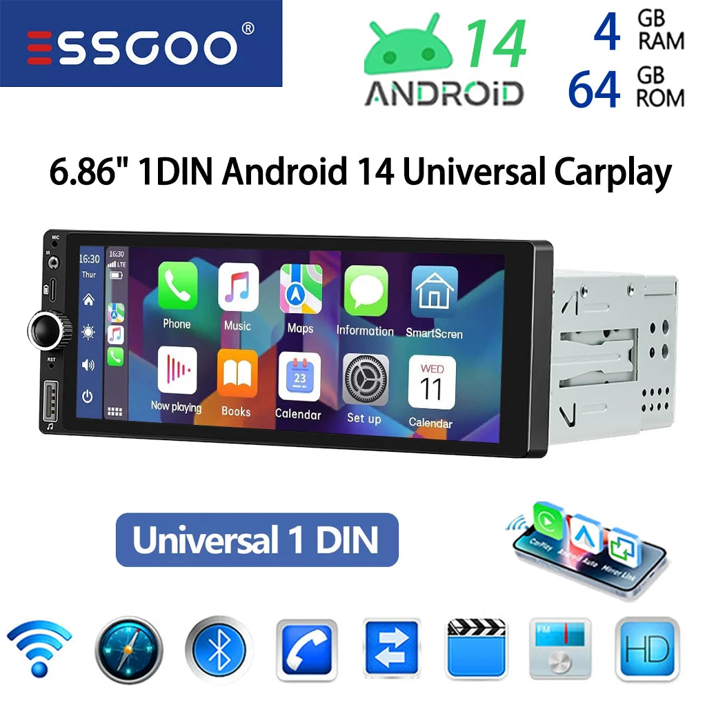 ESSGOO 6.86" Android 14 1 DIN 4+64G Car Stereo Radio Carplay Android Auto 1DIN GPS NAV Wifi BT RDS WIFI BT USB Type-C Universal