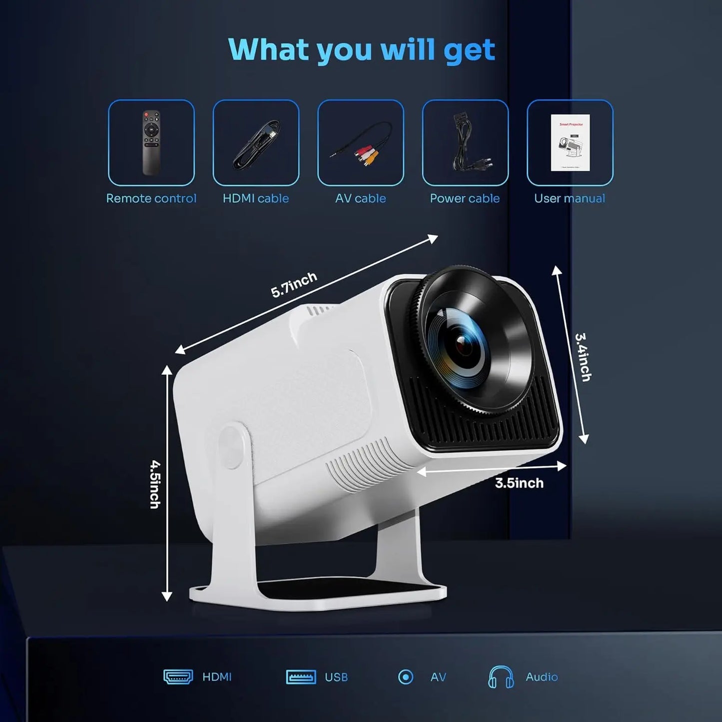 Smart Projector Native 1080P Support 4K, 390 ANSI HD Brightness, Android 11.0, WiFi 6, Auto Focus & Keystone Correction